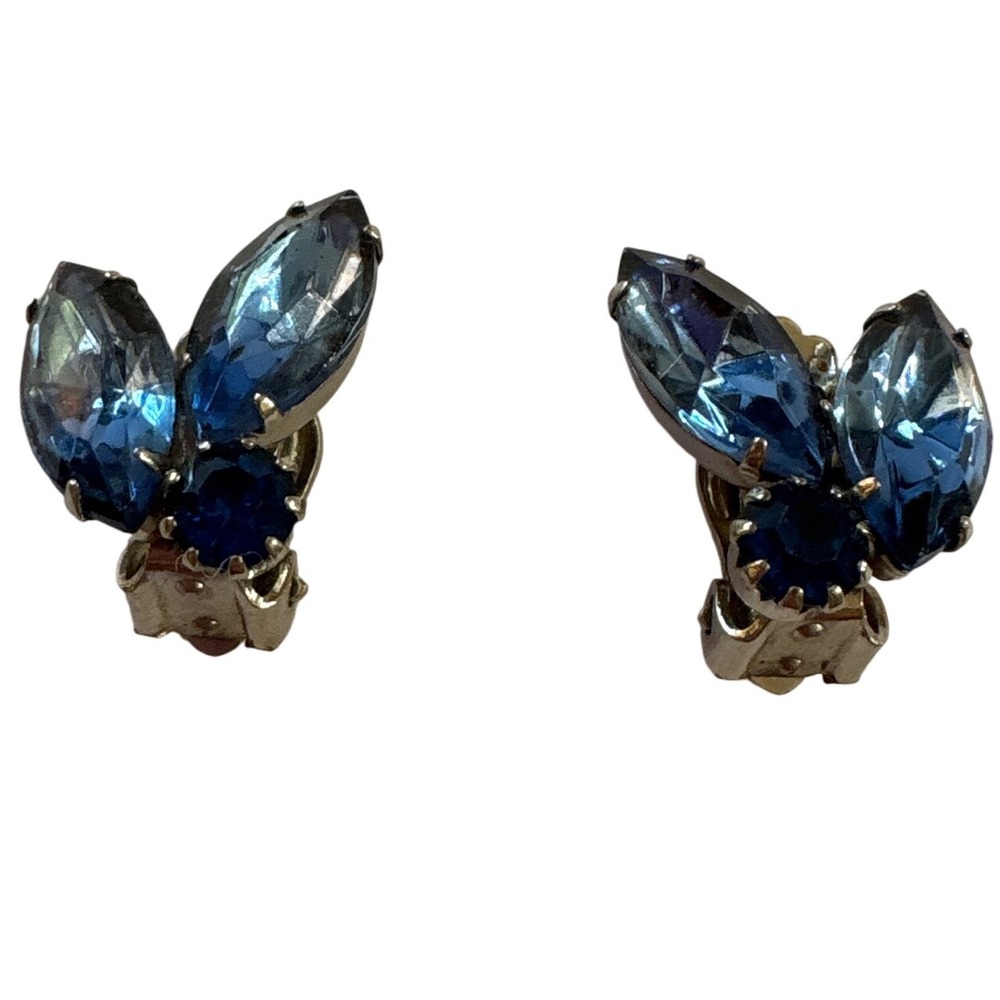 1960s Vintage Blue Rhinestone Clip On Earrings Cocktail Party‎ Jewelry